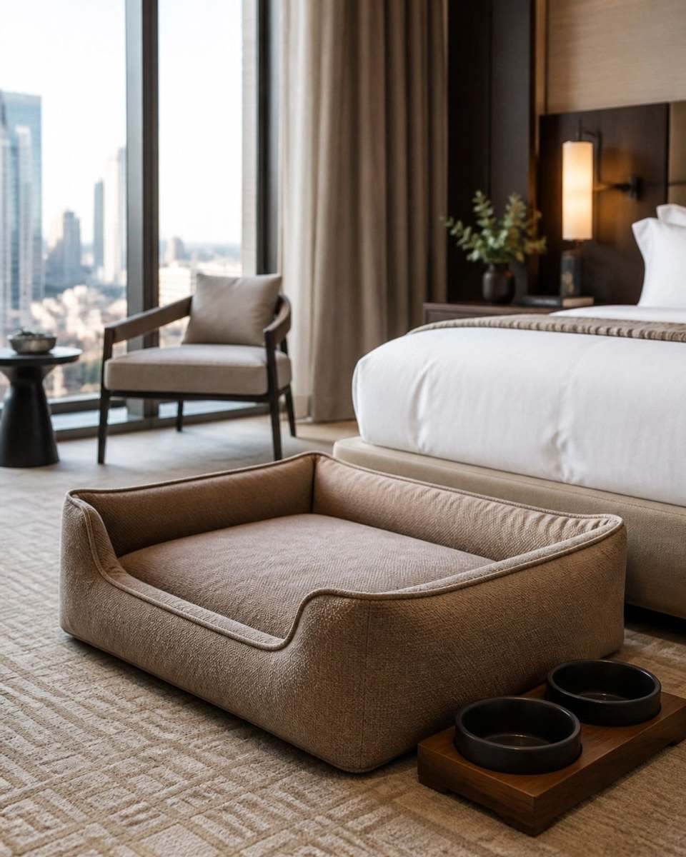 Dog bed and feeding bowls in a hotel guest room