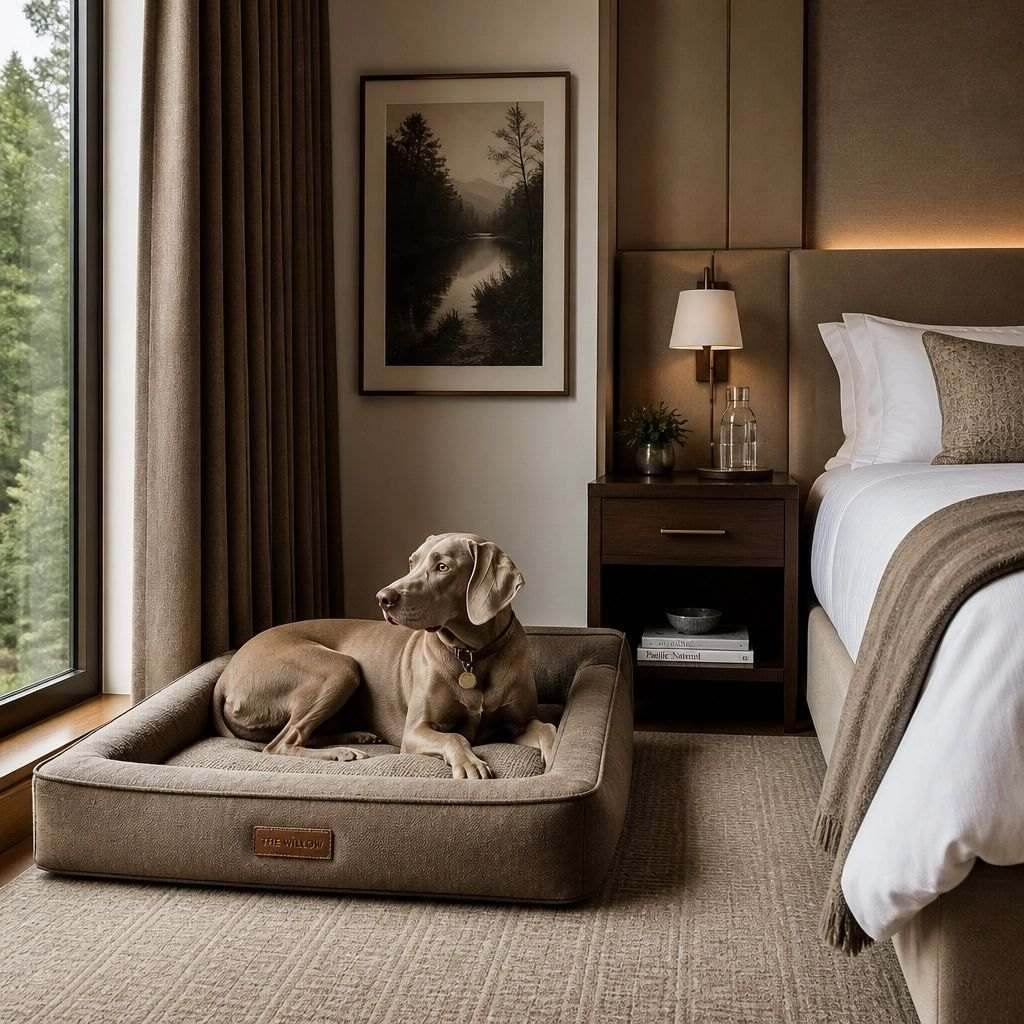 Guest room with a branded dog bed at the foot of the bed