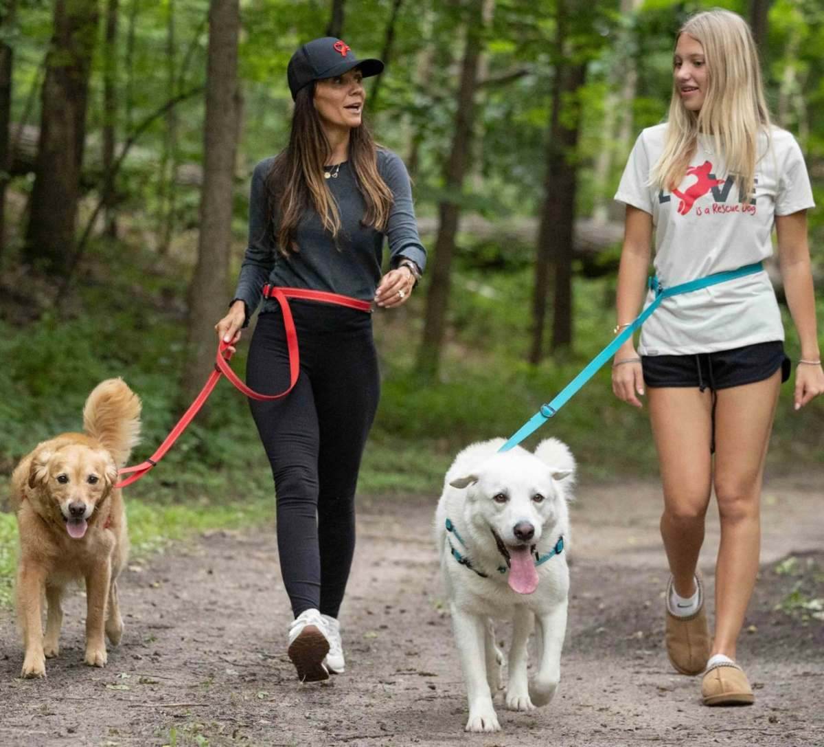 The Dawg Pack hands-free leashes on a trail walk
