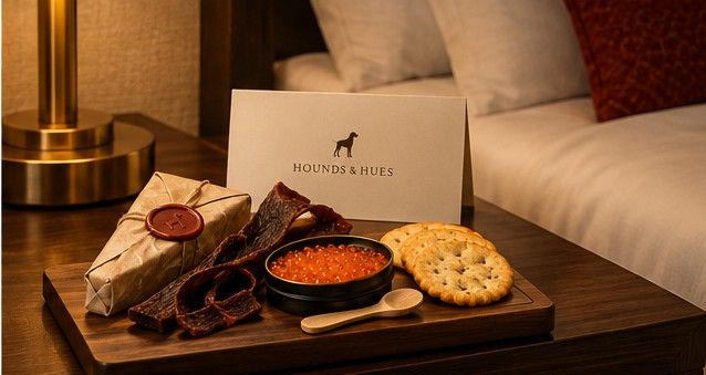 Welcome kit board with caviar tin, cheese wedge, and crackers on a hotel nightstand
