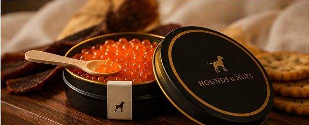 Branded caviar tin with freeze dried salmon roe for dogs